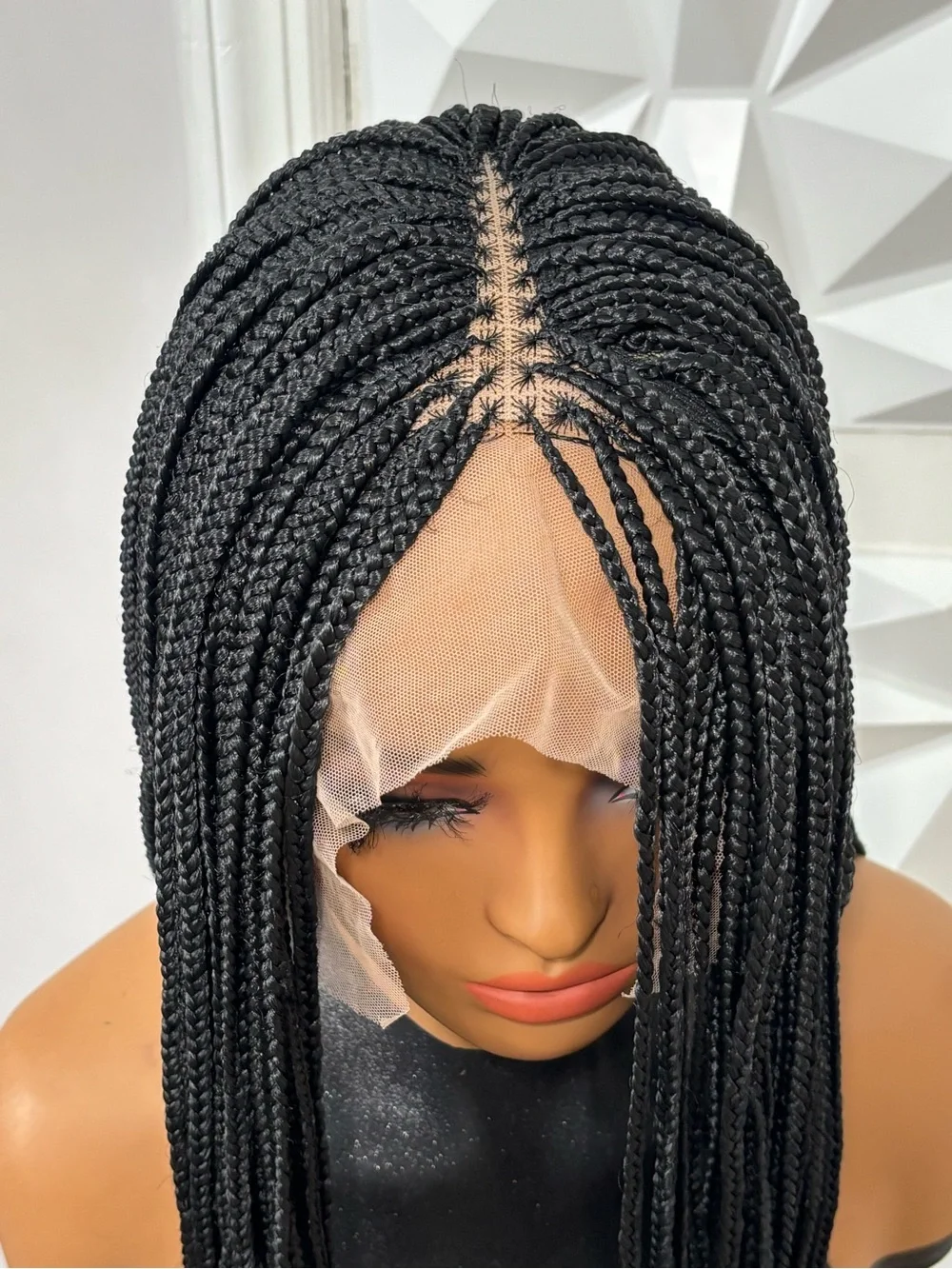 32” Black Box Braided Wig | Handmade Closure Wig T-Line Lace | Lightweight Prote